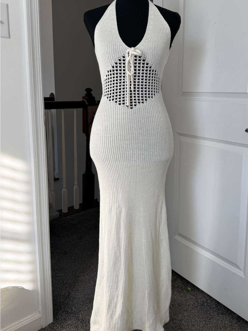 SHEIN Cream Crochet Halter Maxi Dress